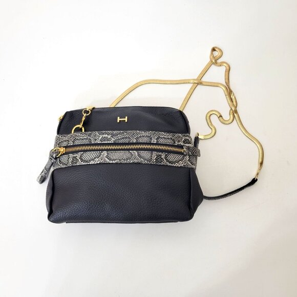Halston Handbags - Vintage Halston Black Leather & Snake Print Crossbody Bag With Gold Accents